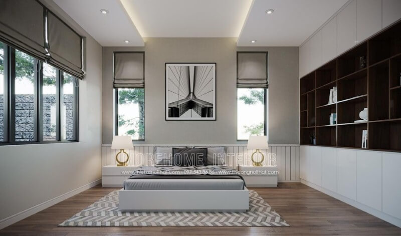 Tone màu trắng chủ đạo từ tường, giường, tab, tủ quần áo đã tạo nên vẻ đẹp nhã nhặn ấn tượng cho phòng ngủ hiện đại. Thiết kế phòng ngủ nhà phố
