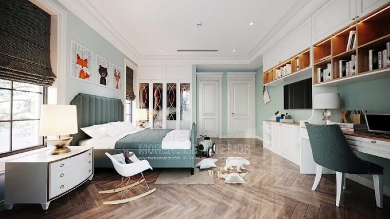 Trang trí nội thất phòng ngủ con đẹp, sinh động với giường ngủ bọc nệm, tab đầu giường đơn giản nhưng sang trọng cùng bộ tranh treo tường ngộ nghĩnh. Thiết kế phòng ngủ nhà phố