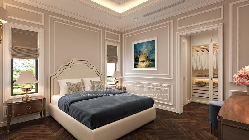 Thiết kế nội thất phòng ngủ tân cổ điển có tủ quần áo đẹp, sang trọng. Thiết kế phòng ngủ nhà phố