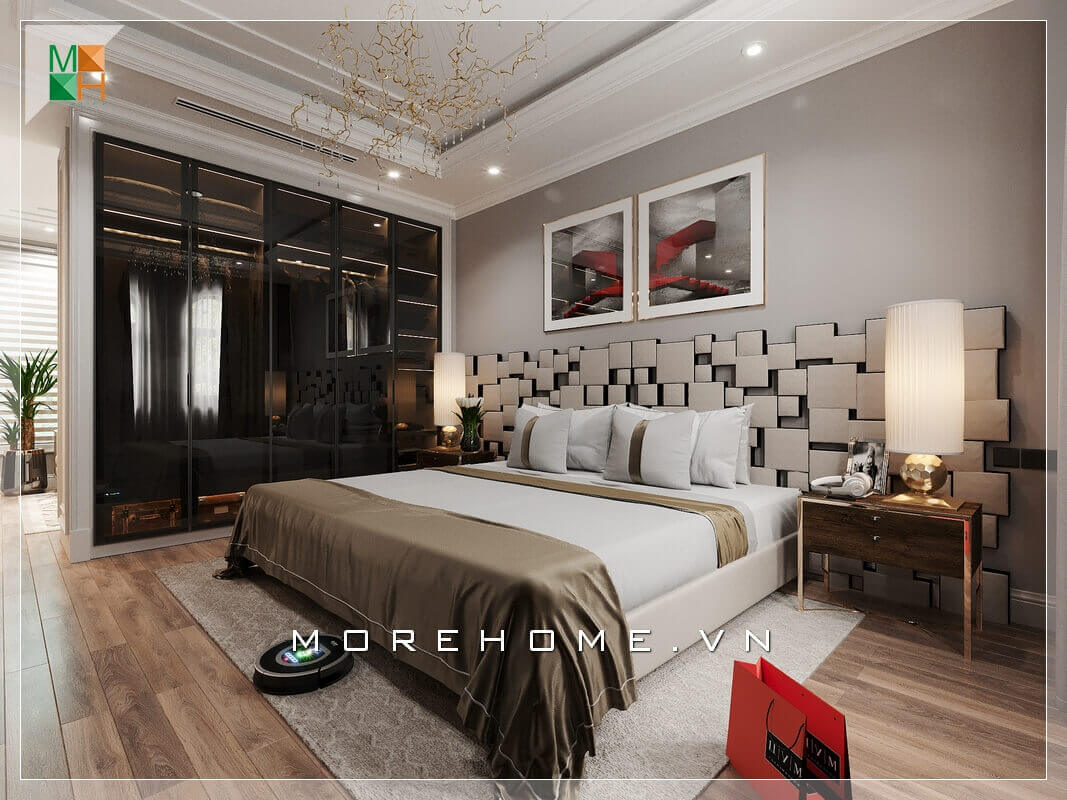 Hai bức tranh canvas họa tiết nghệ thuật được treo đầu giường làm sáng cả căn phòng ngủ chung cư hiện đại. Thiết kế phòng ngủ nhà phố