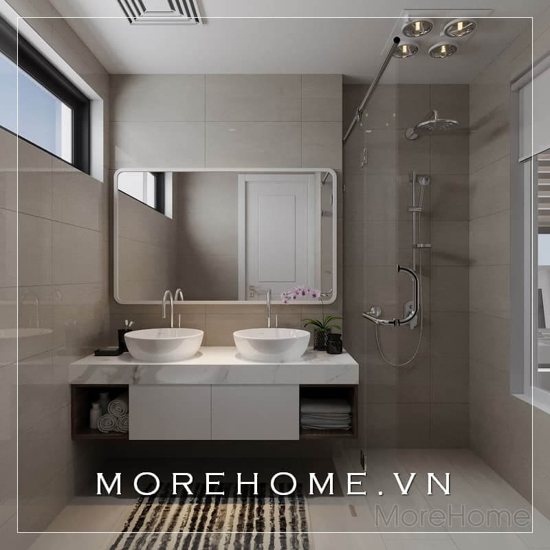 Thiết kế phòng tắm chung cư hiện đại, nhẹ nhàng với nội thất từ kính, đá, gương treo giúp không gian rộng thoáng hơn. Thiết kế chung cư