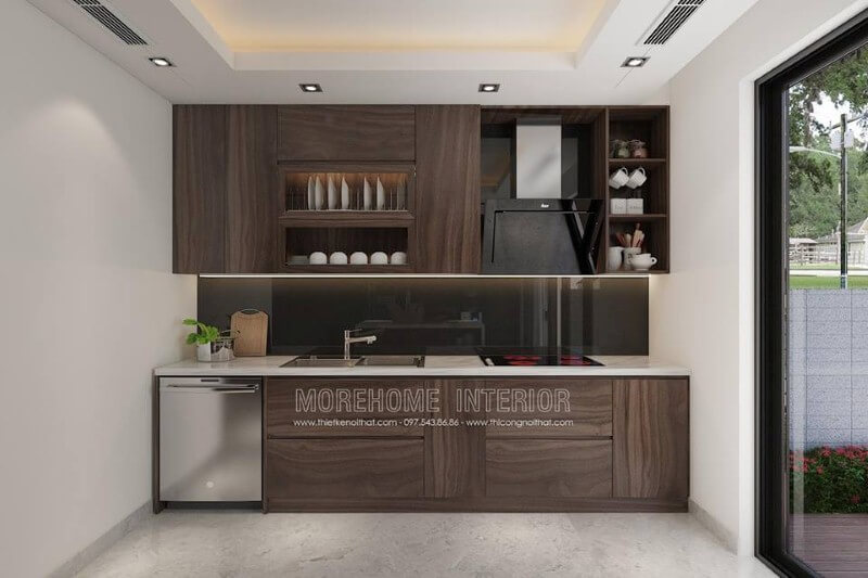 Tủ bếp có máy rửa bát được bố trí khá hợp lý để tạo nên không gian bếp đẹp, hiện đại, khoa học. Tủ bếp đẹp
