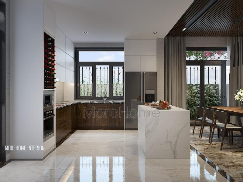Thiết kế nội thất phòng bếp hiện đại, đẹp, thông thoáng nhưng độc lập phòng ăn bởi cách bố trí khéo léo từ bàn đảo bếp. Mẫu thiết kế và thi công nội thất biệt thự
