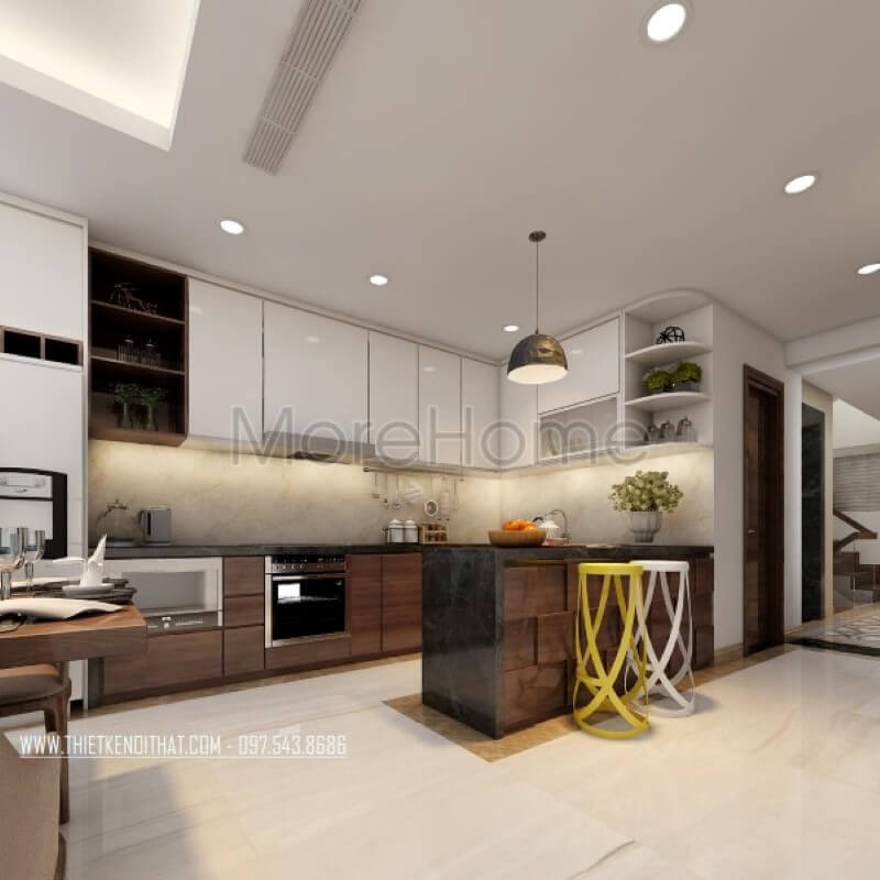 Thiết kế nội thất phòng bếp gỗ công nghiệp hiện đại cho nhà phố Lò Đúc Thiết kế phòng bếp, tủ bếp gỗ An Cường
