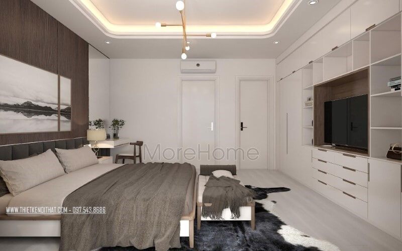 Bối cảnh phòng ngủ hiện đại đẹp, nhẹ nhàng sâu lắng với gam trắng từ tường kết hợp cùng gỗ óc chó sẫm màu ốp tường.