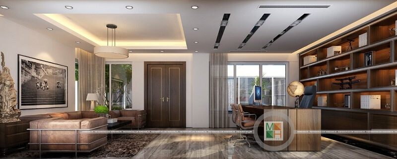 Trang trí nội thất văn phòng giám đốc đẹp với bộ sofa bọc da hiện đại, kết hợp đồ nội thất gỗ công nghiệp An Cường cao cấp
