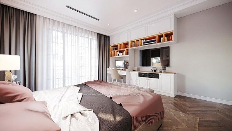 Bố trí nội thất góc học tập trong phòng ngủ của con gái đẹp ấn tượng theo phong cách đương đại.