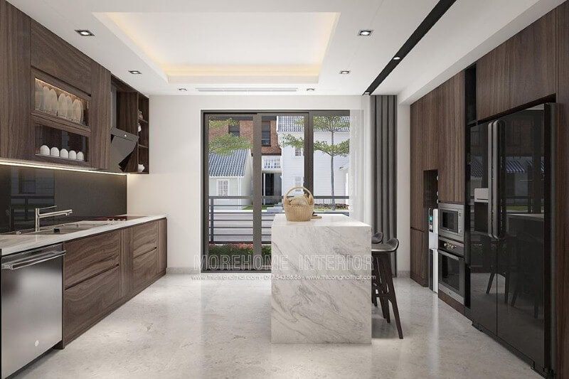 Thiết kế phòng bếp cho nhà phố, nhà liền kề, biệt thự phố ấn tượng với nội thất gỗ cao cấp.