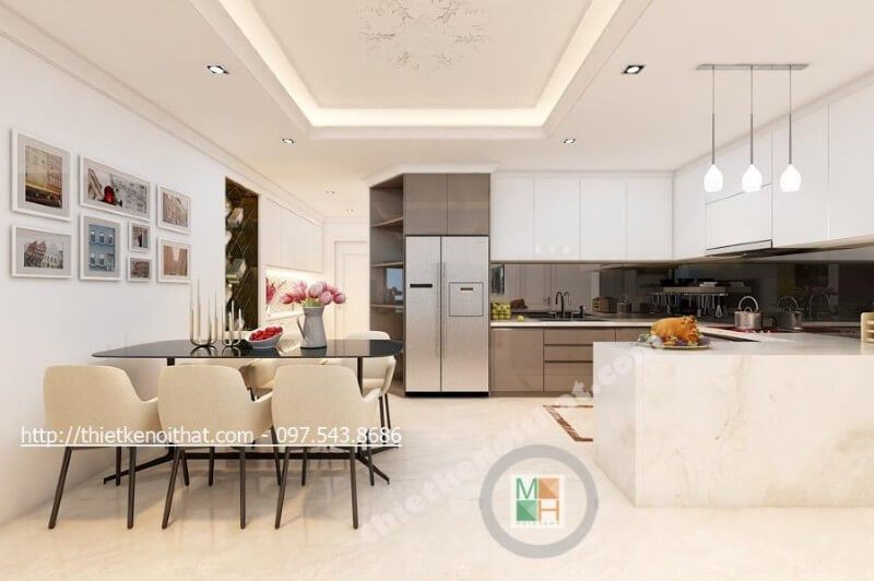Nội thất phòng ăn chung cư liền kề với không gian nhà bếp, giúp cho quá trình nấu nướng tới dùng bữa nhanh chóng hơn