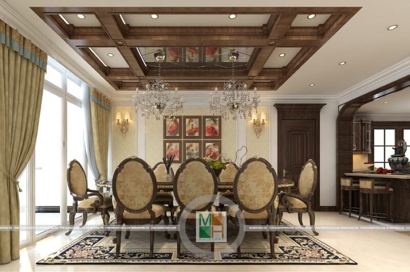 Thiết kế nội thất phòng ăn chung cư với bộ bàn ăn tân cổ điển màu vàng ánh kim lộng lẫy