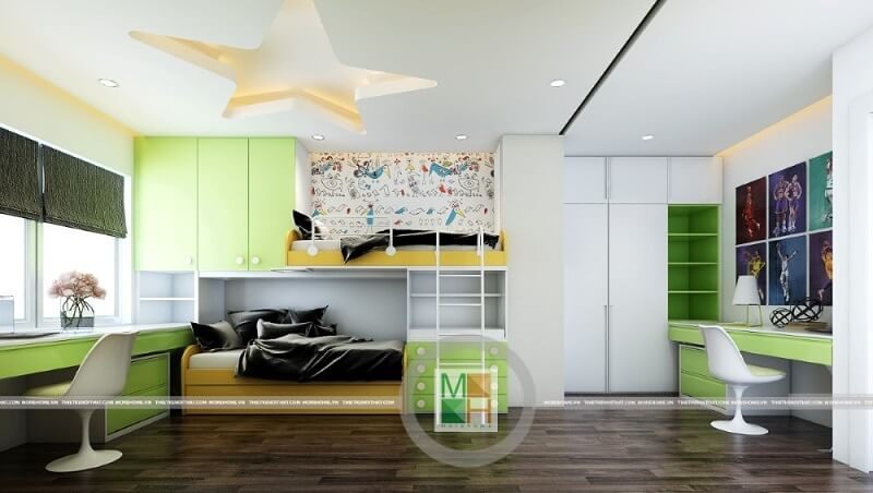 Mẫu thiết kế phòng ngủ trẻ em nhỏ gọn với mẫu giường tầng màu xanh độc đáo tạo điểm nhấn nổi bật cho căn phòng.