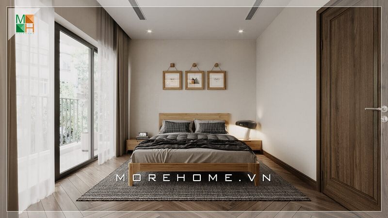 ngủ. Giường ngủ có thiết kế hiện đại với tab đầu giường đơn giản bằng gỗ tự nhiên, sàn gỗ và thảm trải sàn cùng tông màu nâu - xám giúp tạo nên vẻ đẹp hiện đại cho căn phòng ngủ.