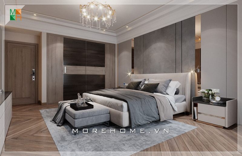 Sàn lát gỗ tự nhiên cao cấp làm cho căn phòng ngủ trở nên sang trọng và đậm nét hơn.