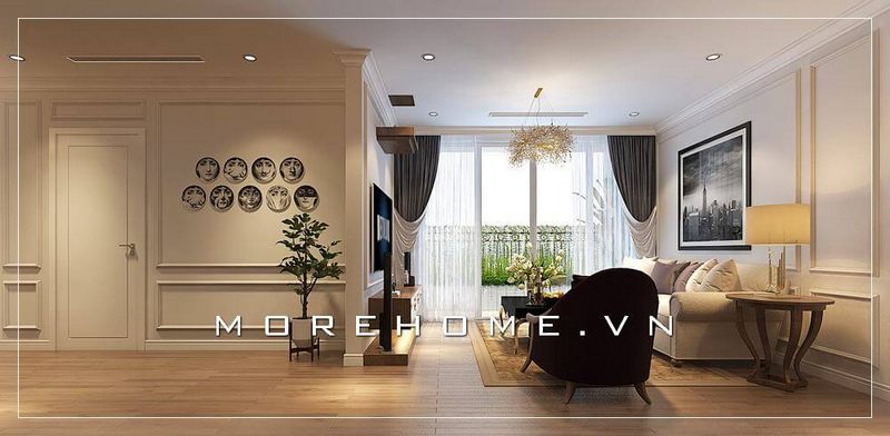 Mẫu thiết kế phòng khách chung cư đẹp kết hợp nội thất tân cổ điển với đường nét tinh tế mang đến vẻ đẹp sang trọng đẳng cấp