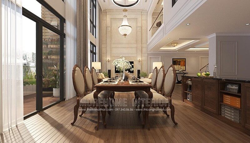 Để tạo nên sự đẹp mắt cho phòng ăn, hãy trang trí bằng bộ bàn ghế ăn gỗ óc chó tân cổ điển cao cấp.